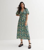 New Look Blue Floral Crinkle Jersey Ruched Puff Sleeve Midi Dress